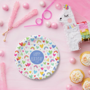 Assiettes En Carton Rainbow Hearts 4th Birthday Party Nom personnalisé