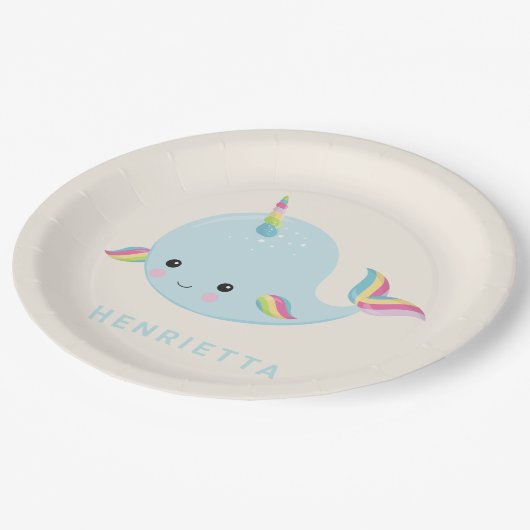 Assiettes En Carton Rainbow Narwhal Kawaii Motif Pastel Blue Nom (Angle)