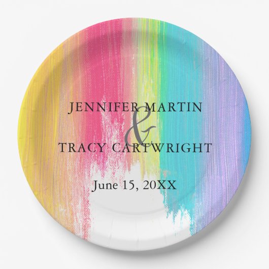 Assiettes En Carton Rainbow Paint Strokes Gay Lesbian Mariage artistiq (Devant)