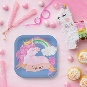 Assiettes En Carton 🌈 Rainbow Unicorn Nom personnalisé   