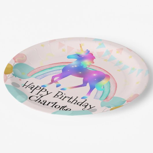 Assiettes En Carton Rainbow Unicorn princesse dégradé fête d'anniversa (Angle)