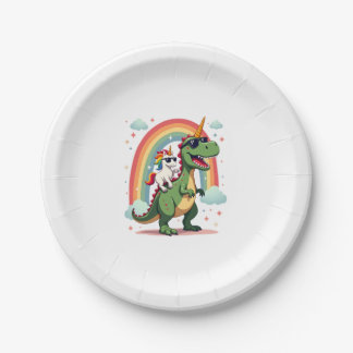 Assiettes En Carton Rainbow Unicorn Riding T rex - Dinosaur Boys Girls