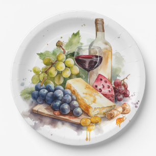 Assiettes En Carton Raisin de vignoble Fromage Verre à vin Aquarelle