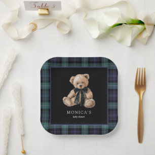 Assiettes En Carton Ralph Teddy Bear Navy Green Carreaux de bébé Showe