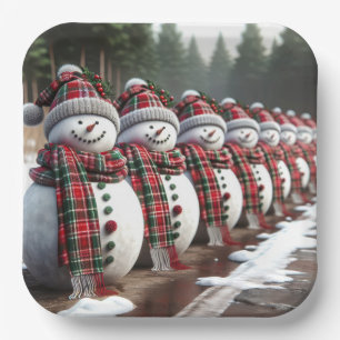 Assiettes En Carton Rangée de Snowmen portant des Écharpes Tartan