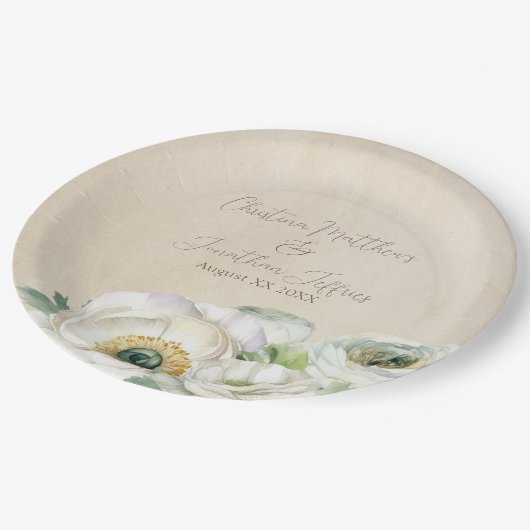 Assiettes En Carton Ranunculus blanc à l'aquarelle rustique (Angle)