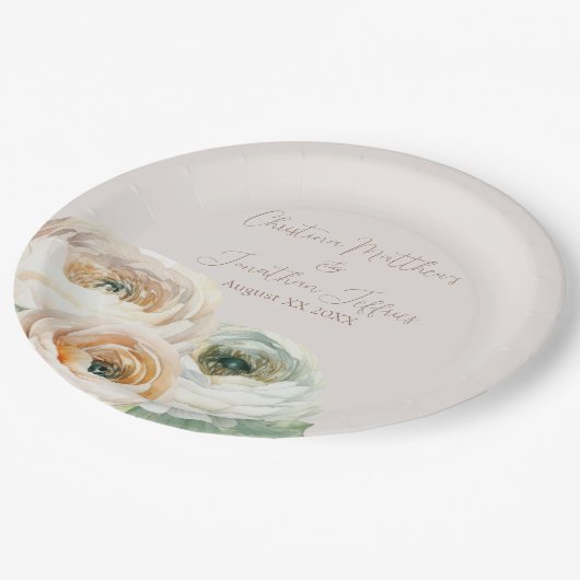 Assiettes En Carton Ranunculus romantiques pêche sur ivoire (Angle)