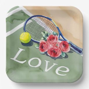 Assiettes En Carton Raquette de tennis et balle avec mot LOVE sur cour