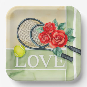 Assiettes En Carton Raquette de tennis et balle avec mot LOVE sur cour