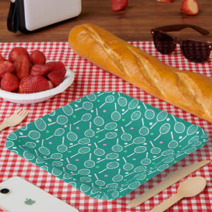 Assiettes En Carton Raquette de tennis et Motif de balle Retro Emerald