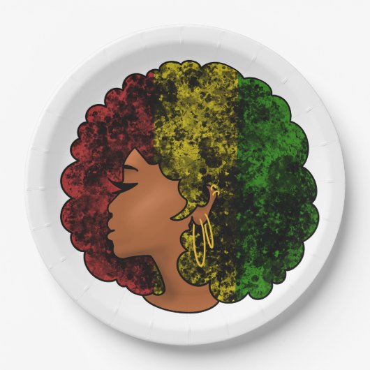 Assiettes En Carton Rasta femme noire afro rouge jaune vert (Devant)