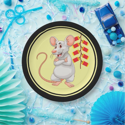 Assiettes En Carton Rat blanc et pétards chinois (Fête)