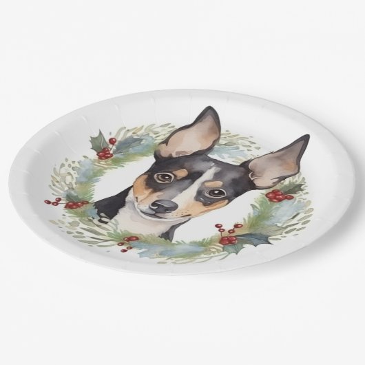 Assiettes En Carton Rat Terrier Fête de Noël Wreath Pup (Angle)