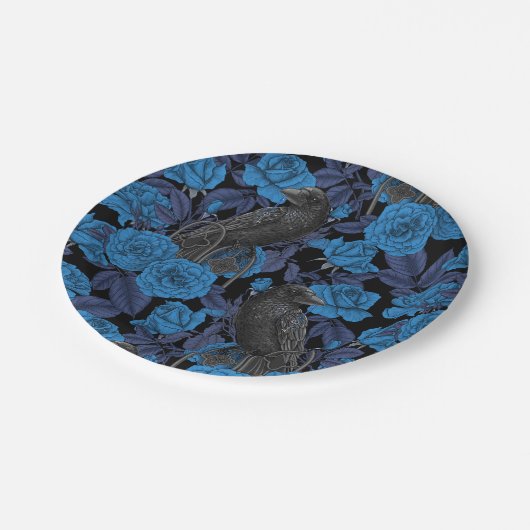 Assiettes En Carton Ravins et roses bleus (Angle)