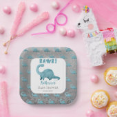 Assiettes En Carton Rawr Turquoise Blue Dinosaur Baby shower garçon (Fête)