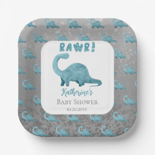 Assiettes En Carton Rawr Turquoise Blue Dinosaur Baby shower garçon
