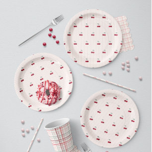 Assiettes En Carton Rayure de Cerise d'Été Botanique Pique-Nique