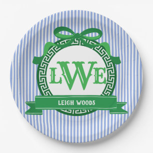 Assiettes En Carton Rayures Bleues Classiques Clé Grecque Monogramme C