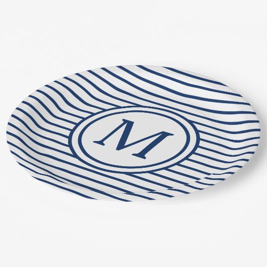 Assiettes En Carton Rayures de bleu marine sur le monogramme blanc (Angle)