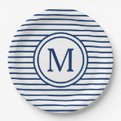Assiettes En Carton Rayures de bleu marine sur le monogramme blanc (Devant)