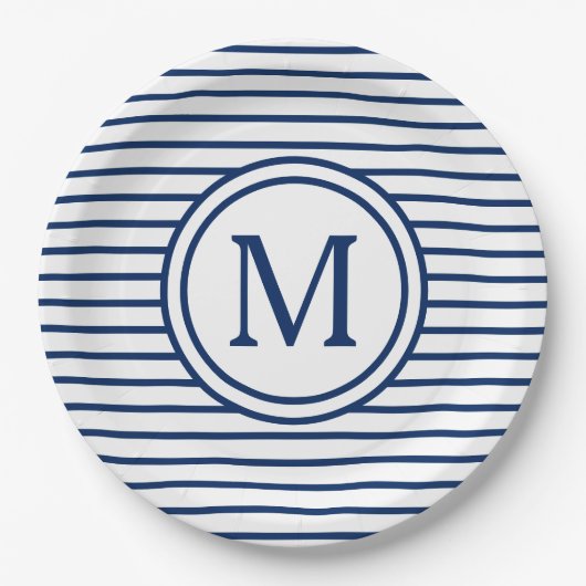 Assiettes En Carton Rayures de bleu marine sur le monogramme blanc (Devant)