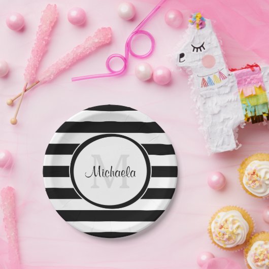 Assiettes En Carton Rayures de sucrerie et monogramme noirs snob de (Fête)