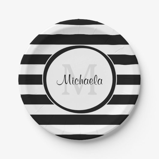 Assiettes En Carton Rayures de sucrerie et monogramme noirs snob de (Devant)