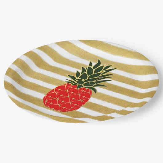 Assiettes En Carton Rayures d'or rouges et ananas tropical vert (Angle)