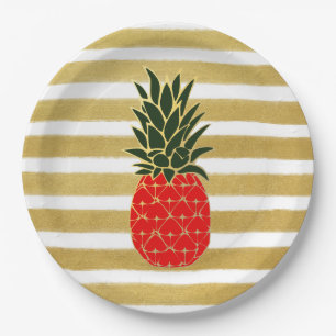 Assiettes En Carton Rayures d'or rouges et ananas tropical vert