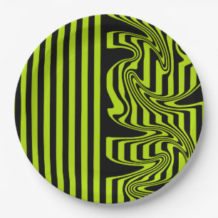 Assiettes En Carton Rayures et Tourbillons - Vert Citron et Noir