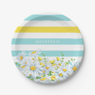 Assiettes En Carton Rayures Girly d'Aqua avec les marguerites jaunes