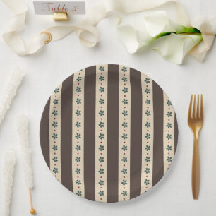 Assiettes En Carton Rayures Marron Et Fleurs