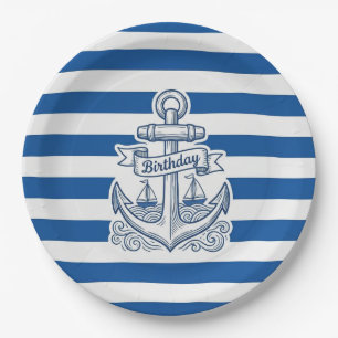 Assiettes En Carton Rayures Nautiques Anniversaire Ancre