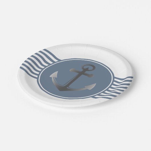 Assiettes En Carton Rayures nautiques bleues et blanches d'Ancre (Angle)