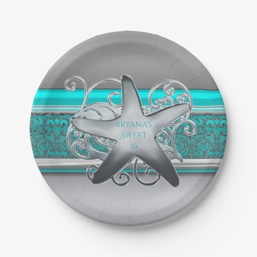 Assiettes En Carton Réception Aqua & Silver Starfish Beach (Devant)