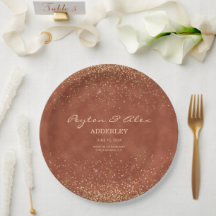 Assiettes En Carton Réception de mariage avec paillettes d'or et terre