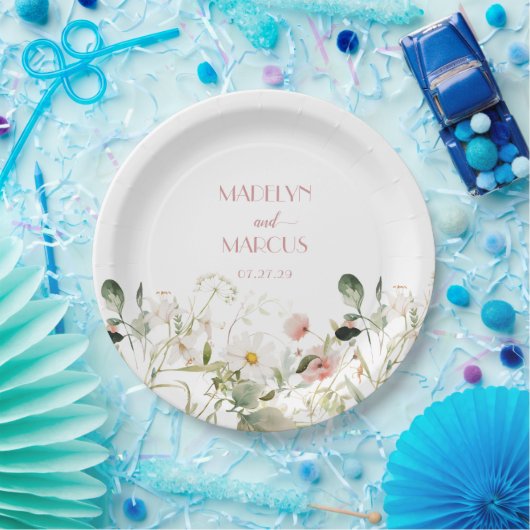 Assiettes En Carton Réception de mariage Fleur sauvage rose et blanc (Fête)