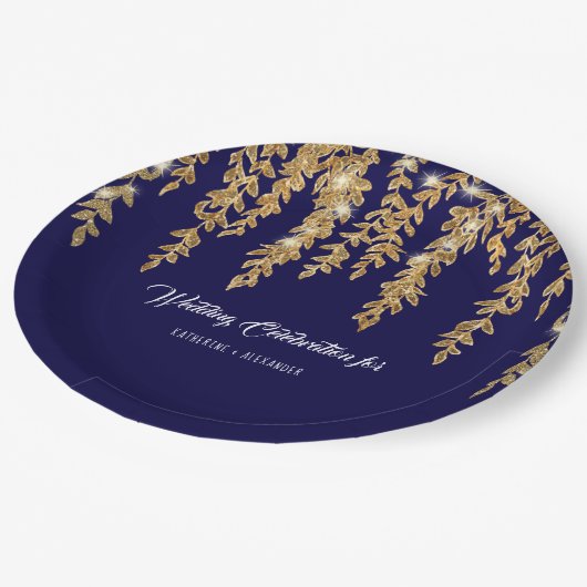 Assiettes En Carton Réception de mariage Marine Leaf Twinkle Lumières (Angle)
