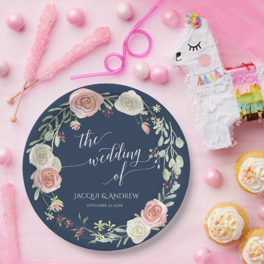 Assiettes En Carton Réception de mariage Wreath de la Marine Roses ivo (Fête)