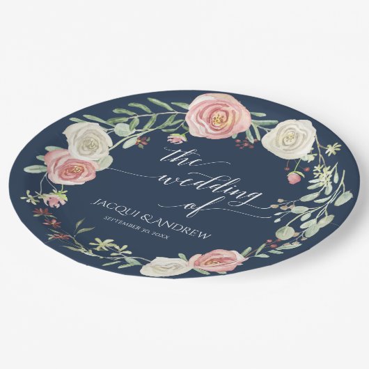 Assiettes En Carton Réception de mariage Wreath de la Marine Roses ivo (Angle)