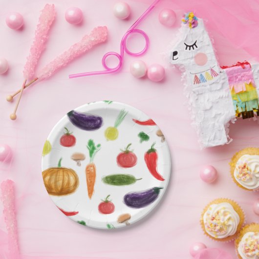 Assiettes En Carton Récolte légumes tomate poivre carottes champignon  (Fête)