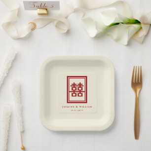 Assiettes En Carton Rectangle classique Double Bonheur Mariage chinois
