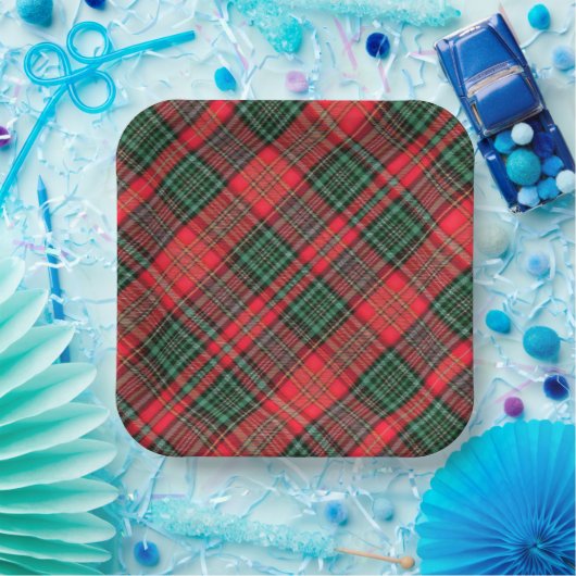 Assiettes En Carton Red and Green Scottish Diagonal Tartan Plaid (Fête)