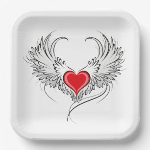 Assiettes En Carton Red Angel Coeur avec ailes