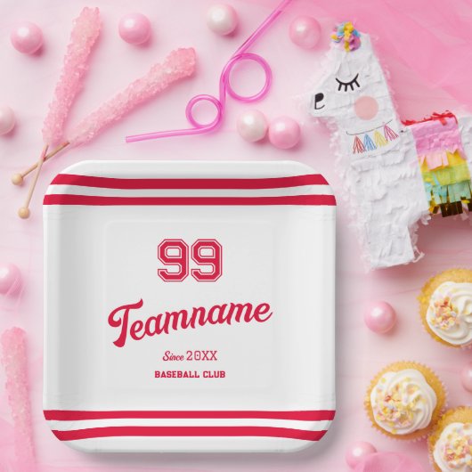 Assiettes En Carton Red Baseball Club Custom Player Numéro & TeamName (Fête)