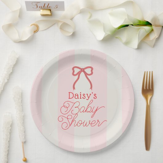 Assiettes En Carton Red Bow & Pink Stripes Baby Shower (Mariage)