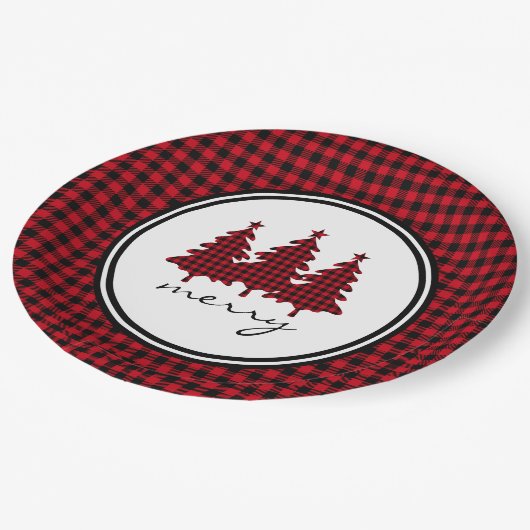 Assiettes En Carton Red Buffalo Check Pine Trees (Angle)
