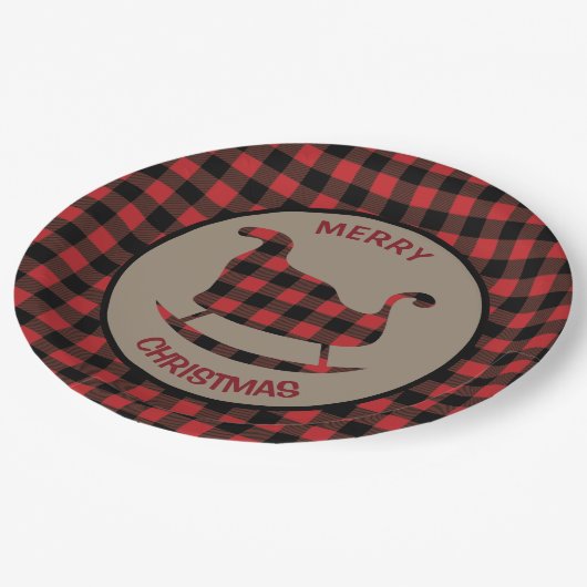 Assiettes En Carton Red Buffalo Plaid Bordure de Noël Sleigh (Angle)