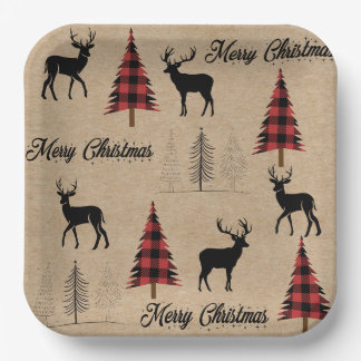 Assiettes En Carton Red Buffalo Plaid & Joyeux bois de Noël