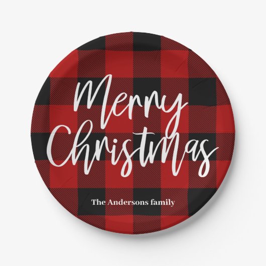 Assiettes En Carton Red Buffalo Plaid & Joyeux Noël|Nom personnel (Devant)